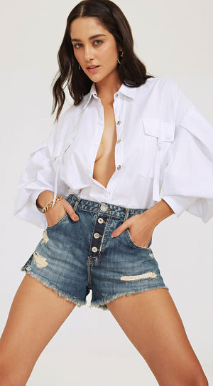 SHREDDED DENIM SHORTS WITH BUTTONED FLY