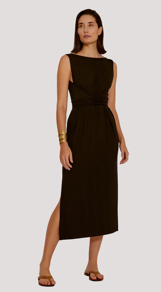 SIDE SLIT BELTED SLEEVELESS DRESS