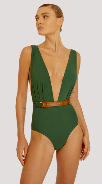 HALTER NECK SWIMSUIT WITH LEATHER BELT