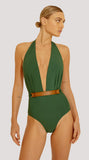 HALTER NECK SWIMSUIT WITH LEATHER BELT