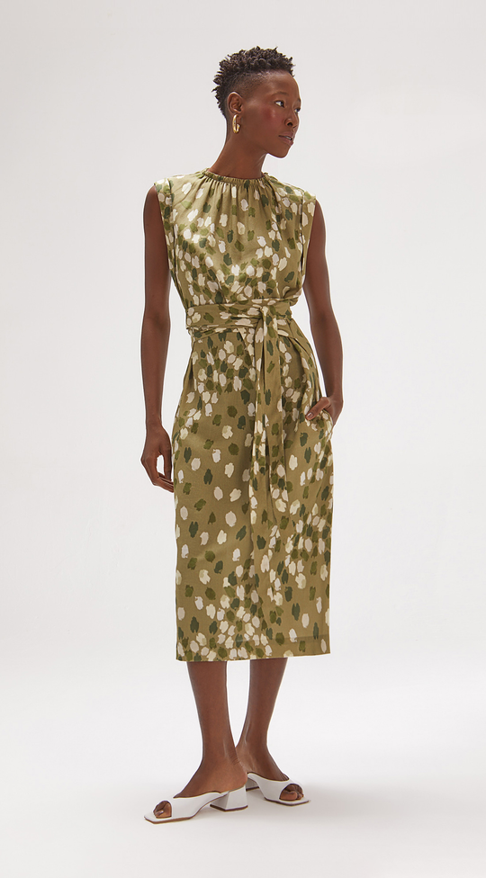 MIDI WITH ELASTICIZED NECKLINE AND BELTED WAIST