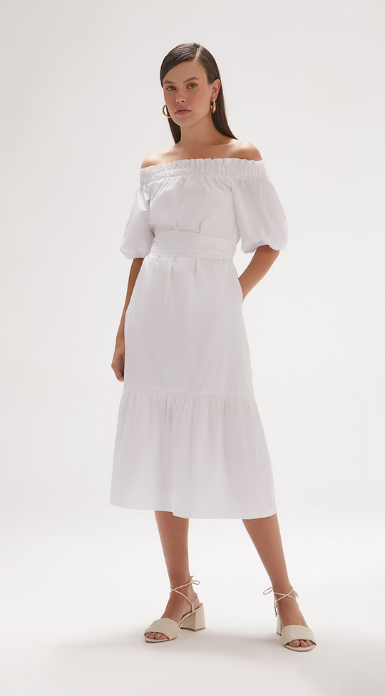 BELTED WAIST OFF-SHOULDER MIDI