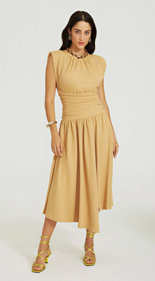 CRIMPED WAIST MIDI DRESS