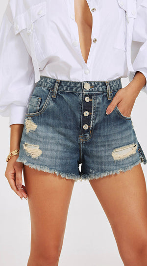 SHREDDED DENIM SHORTS WITH BUTTONED FLY