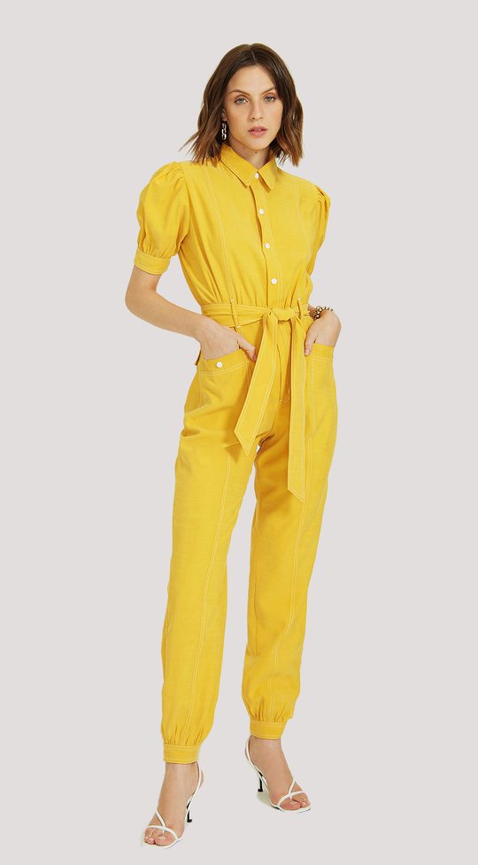 PUFFED SLEEVE JUMPSUIT WITH WAIST TIES