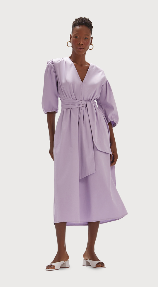 PUFFED SLEEVE MIDI WITH WAIST BAND